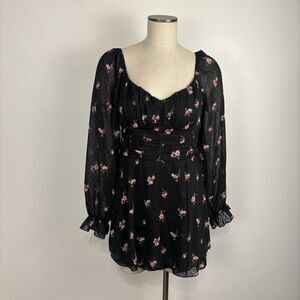 Thirty Thirty LA Womens XL Black Floral Swiss Dot Mini Dress Y2K Goth Whimsigoth